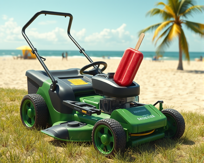 lawn mower, green, popsicle, beach